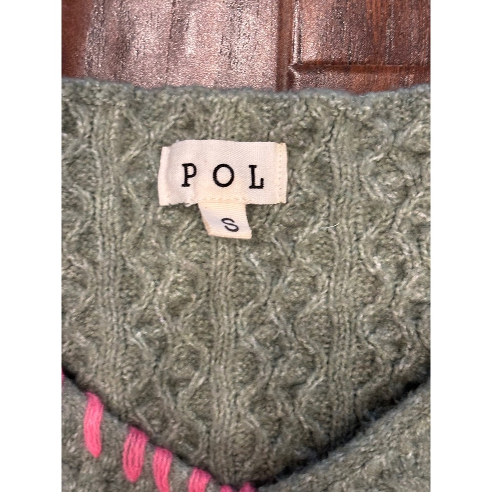 POL Small Cable Knit Heart Embroidered Sweater Women Sage Green - Picture 3 of 4